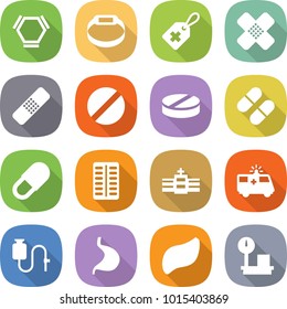 flat vector icon set - hex molecule vector, smart bracelet, medical label, patch, pill, pills blister, hospital, ambulance car, dropper, stomach, liver, warehouse scales