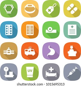 flat vector icon set - hex molecule vector, smart bracelet, medical label, pill, pills blister, head reflector, recipe, hospital, ambulance car, stomach, recieption, warehouse scales, uv cream
