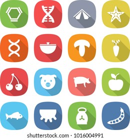flat vector icon set - hex molecule vector, dna, tent, starfish, cauldron, mushroom, carrot, cherry, pig, apple, fish, udder, fertilizer, peas