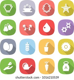 flat vector icon set - hex molecule vector, flower bed, hawaiian wreath, starfish, flippers, palm hammock, drop, dna edit, eggs, spike, seedling, hand leaf, watering can, carrot, fertilizer