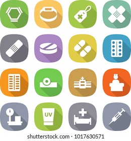 flat vector icon set - hex molecule vector, smart bracelet, medical label, patch, pill, pills blister, head reflector, hospital, recieption, warehouse scales, uv cream, syringe