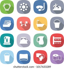 flat vector icon set - hex molecule vector, round around, diving mask, surfer, cruise ship, palm hammock, bath, bucket, kettle, jug, watering, sponge, wiping, toilet paper