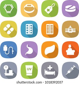 flat vector icon set - hex molecule vector, smart bracelet, medical label, pill, pills blister, hospital, dropper, stomach, liver, recieption, warehouse scales, uv cream, syringe