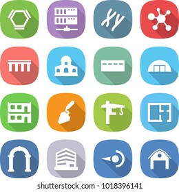 flat vector icon set - hex molecule vector, server, chromosomes, virus, bridge, mansion, bunker, hangare, modular house, construction, tower crane, plan, arch, office, photon, barn