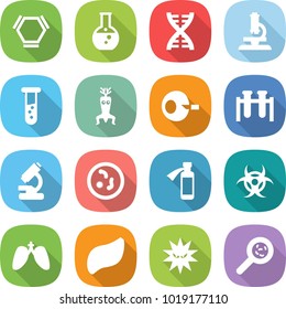 flat vector icon set - hex molecule vector, round flask, dna, microscope, vial, modify, artificial insemination, test, microbe, potion bottle, biohazard, lungs, liver, virus, viruses