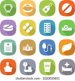 flat vector icon set - hex molecule vector, smart bracelet, medical label, pill, pills blister, head reflector, recipe, hospital, dropper, liver, recieption, warehouse scales, uv cream