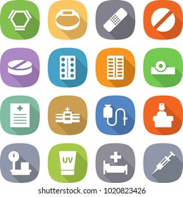 flat vector icon set - hex molecule vector, smart bracelet, medical patch, pill, pills blister, head reflector, recipe, hospital, dropper, recieption, warehouse scales, uv cream, syringe