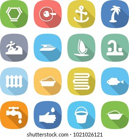 flat vector icon set - hex molecule vector, cell corection, anchor, palm, surfer, yacht, windsurfing, water tap, radiator, washing, towels, fish, hand drop, bucket, foam basin