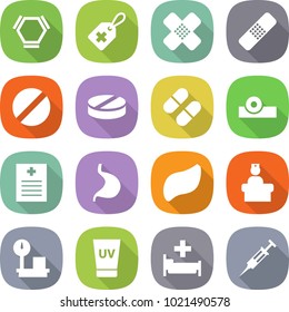 flat vector icon set - hex molecule vector, medical label, patch, pill, head reflector, recipe, stomach, liver, hospital recieption, warehouse scales, uv cream, syringe