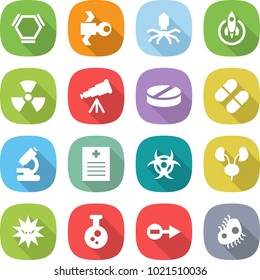 flat vector icon set - hex molecule vector, satellite, virus, rocket, nuclear, telescope, pill, microscope, recipe, biohazard, kidneys, chemical, electron, microb