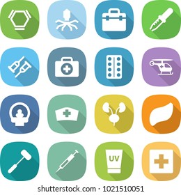 flat vector icon set - hex molecule vector, virus, doctor bag, pipette, crutch, case, pills blister, ambulance helicopter, tomography, medical hat, kidneys, liver, doctors hammer, syringe, uv cream