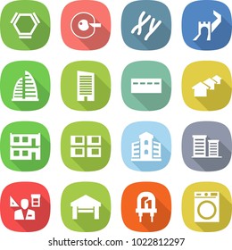 flat vector icon set - hex molecule vector, cell corection, chromosomes, greate wall, skyscraper, bunker, houses, modular house, panel, building, district, architector, garage, led, washing machine