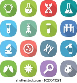 flat vector icon set - hex molecule vector, round flask, dna, vial, modify, test, microscope, microbe, chromosomes, potion bottle, lungs, virus, viruses, microbe