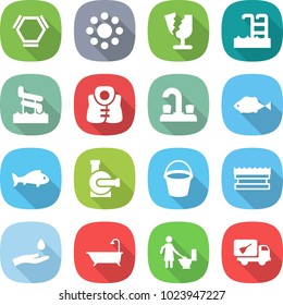 flat vector icon set - hex molecule vector, round around, broken, pool, aquapark, life vest, water tap, fish, pump, bucket, sponge, hand and drop, bath, toilet cleaning, home call