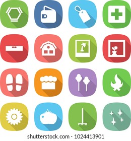 flat vector icon set - hex molecule vector, wallet, label, medical cross, level, house, photo, flower in window, slippers, chief hat, trees, fire, tomato, rake, shining
