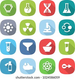 flat vector icon set - hex molecule vector, round flask, dna, around, nuclear, microscope, quantum bond, vial, funnel, mortar, test, potion bottle, acid, atom, electron