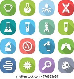 flat vector icon set - hex molecule vector, round flask, virus, dna, vial, modify, test, microscope, microbe, potion bottle, lungs, intestines, viruses, microb