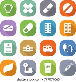flat vector icon set - hex molecule vector, medical patch, pill, pills blister, recipe, hospital, ambulance car, dropper, liver, warehouse scales, uv cream, syringe