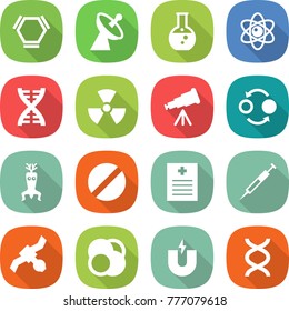flat vector icon set - hex molecule vector, satellite antenna, round flask, atom, dna, nuclear, telescope, quantum bond, modify, pill, recipe, syringe, core, magnet