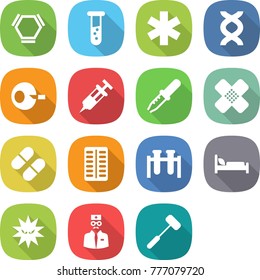 flat vector icon set - hex molecule vector, vial, ambulance star, dna, artificial insemination, syringe, pipette, medical patch, pill, pills blister, test, hospital bed, virus, doctor