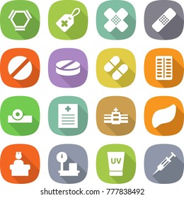 flat vector icon set - hex molecule vector, medical label, patch, pill, pills blister, head reflector, recipe, hospital, liver, recieption, warehouse scales, uv cream, syringe