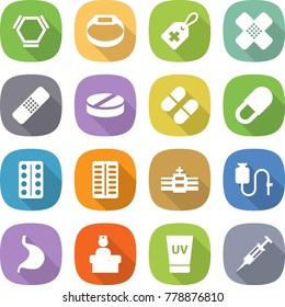 flat vector icon set - hex molecule vector, smart bracelet, medical label, patch, pill, pills blister, hospital, dropper, stomach, recieption, uv cream, syringe