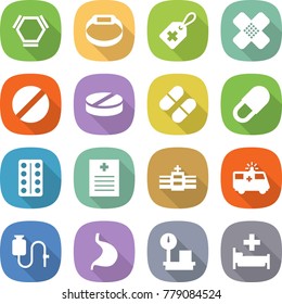 flat vector icon set - hex molecule vector, smart bracelet, medical label, patch, pill, pills blister, recipe, hospital, ambulance car, dropper, stomach, warehouse scales