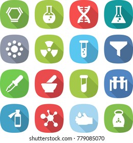 flat vector icon set - hex molecule vector, round flask, dna, around, nuclear, vial, funnel, pipette, mortar, test, potion bottle, virus, acid, fertilizer