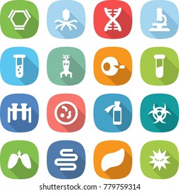 flat vector icon set - hex molecule vector, virus, dna, microscope, vial, modify, artificial insemination, test, microbe, potion bottle, biohazard, lungs, intestines, liver