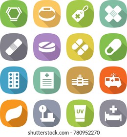flat vector icon set - hex molecule vector, smart bracelet, medical label, patch, pill, pills blister, recipe, hospital, ambulance car, liver, warehouse scales, uv cream