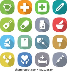 flat vector icon set - hex molecule vector, medical cross, thermometer, label, pill, pills bottle, mortar, microscope, recipe, sperm, tooth implant, kidneys, health care, hospital, syringe