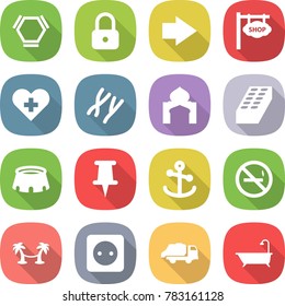 flat vector icon set - hex molecule vector, lock, right arrow, shop signboard, heart cross, chromosomes, minaret, brick, stadium, pin, anchor, no smoking, palm hammock, power socket, trash truck