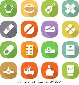 flat vector icon set - hex molecule vector, smart bracelet, medical label, patch, pill, pills blister, head reflector, recipe, hospital, ambulance car, recieption, uv cream