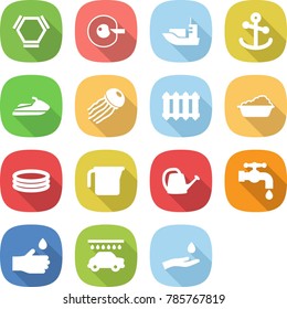 flat vector icon set - hex molecule vector, cell corection, sea shipping, anchor, jet ski, jellyfish, radiator, washing, inflatable pool, measuring cup, watering can, water tap, hand drop, car wash