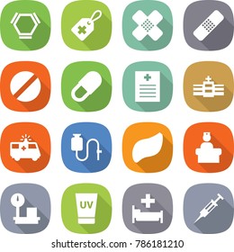 flat vector icon set - hex molecule vector, medical label, patch, pill, recipe, hospital, ambulance car, dropper, liver, recieption, warehouse scales, uv cream, syringe