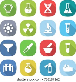 flat vector icon set - hex molecule vector, round flask, dna, around, nuclear, microscope, vial, funnel, pipette, mortar, test, potion bottle, acid