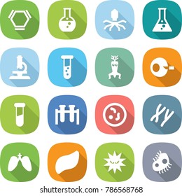 flat vector icon set - hex molecule vector, round flask, virus, microscope, vial, dna modify, artificial insemination, test, microbe, chromosomes, lungs, liver, microb