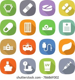 flat vector icon set - hex molecule vector, medical patch, pill, pills blister, head reflector, recipe, hospital, ambulance car, dropper, liver, recieption, warehouse scales, uv cream, syringe