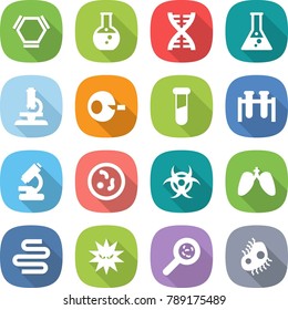 flat vector icon set - hex molecule vector, round flask, dna, microscope, artificial insemination, test vial, microbe, biohazard, lungs, intestines, virus, viruses, microb