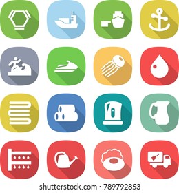 flat vector icon set - hex molecule vector, sea shipping, port, anchor, surfer, jet ski, jellyfish, drop, towels, pipes, kettle, jug, watering, can, soap, home call cleaning