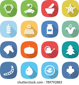 flat vector icon set - hex molecule vector, electric car, mortar, starfish, spike, field, flour, corn, horse, pumpkin, watering can, spruce, peas, drop, ecology, maple leaf