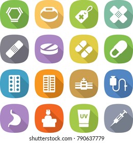 flat vector icon set - hex molecule vector, smart bracelet, medical label, patch, pill, pills blister, hospital, dropper, stomach, recieption, uv cream, syringe