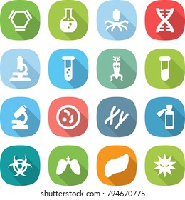 flat vector icon set - hex molecule vector, round flask, virus, dna, microscope, vial, modify, test, microbe, chromosomes, potion bottle, biohazard, lungs, liver