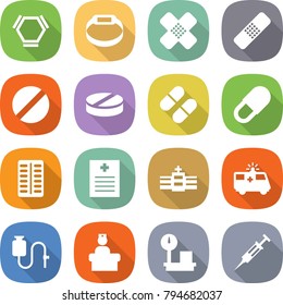 flat vector icon set - hex molecule vector, smart bracelet, medical patch, pill, pills blister, recipe, hospital, ambulance car, dropper, recieption, warehouse scales, syringe