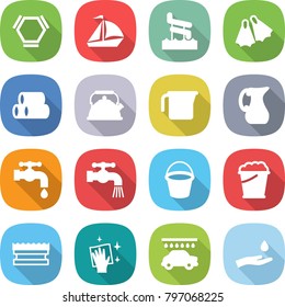 flat vector icon set - hex molecule vector, sail boat, aquapark, flippers, pipes, kettle, measuring cup, jug, water tap, bucket, foam, sponge, wiping, car wash, hand and drop