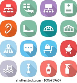 flat vector icon set - hierarchy vector, gift, structure, recipe, ear, ruler, greenhouse, map, sms, baggage trolley, bbq, pool, laser, ketchup, sprayer