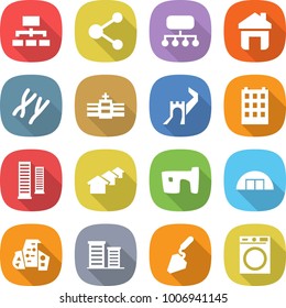 flat vector icon set - hierarchy vector, molecule, structure, home, chromosomes, hospital, greate wall, building, skyscrapers, houses, slum, hangare, modern architecture, district, construction