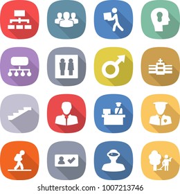 flat vector icon set - hierarchy vector, group, courier, bulb head, structure, wc, male sign, hospital, stairs, client, customs control, security man, tourist, check in, vr helmet, garden cleaning