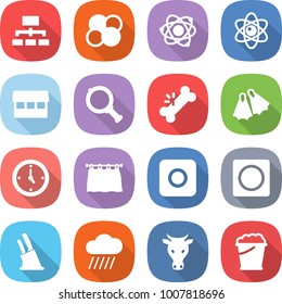 flat vector icon set - hierarchy vector, atom core, market, magnifier, broken bone, flippers, watch, curtain, ring button, knife holder, rain cloud, cow, foam bucket