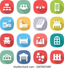 flat vector icon set - hierarchy vector, group, drawbridge, skyscraper, mall, church, brick, factory, japanese house, gothic architecture, city, arch window, greenhouse, garage, blocks